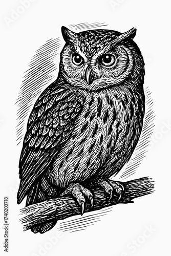 Vintage hand-drawn owl illustration perched on a branch. Black and white engraving style artwork of a wise nocturnal bird with detailed feathers