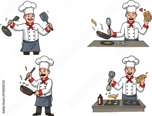 Cartoon male chef cooking in kitchen, professional cook character preparing food, restaurant culinary art, frying pan, whisk, uniform design illustration
