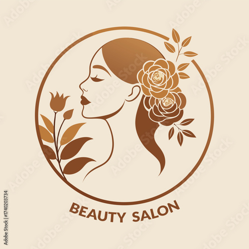 Elegant beauty salon logo featuring a womans profile with flowers, perfect for branding and marketing materials design concept
