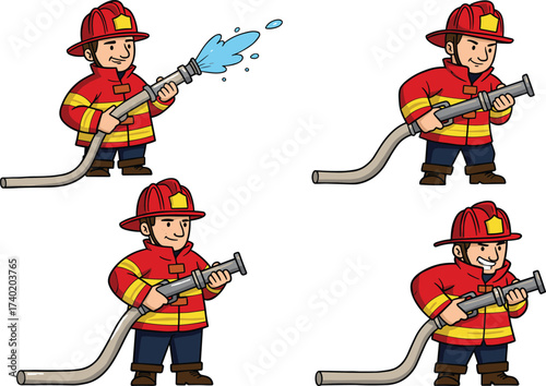 Cartoon firefighter man character illustration, holding water hose, spraying water, fire safety, emergency rescue service, fire protection, firefighter action pose