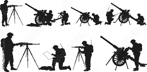 Vector silhouettes of soldiers using artillery cannon, aiming weapons with tripods, reading maps, military battlefield preparation, combat training, and heavy army equipment illustration.