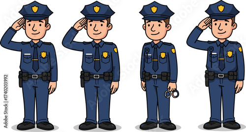 Cartoon male police officer character illustration, law enforcement man in uniform, justice authority design, crime prevention patrol, security service drawing