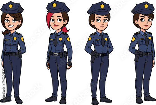 Cartoon policewoman character illustration, female police officer in uniform, law enforcement design, security service, crime prevention, justice, authority, patrol duty