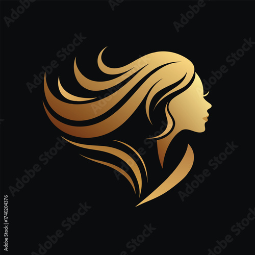 Golden beauty logo design, a womans profile with flowing hair on black background, perfect for luxury brand identity creation