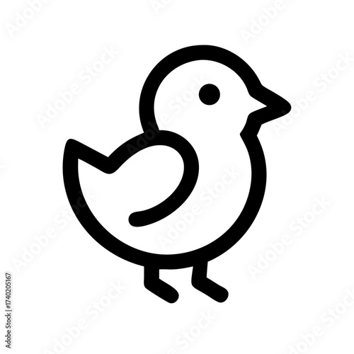 Illustration of a simple black and white chick with round body and small beak in minimalist style