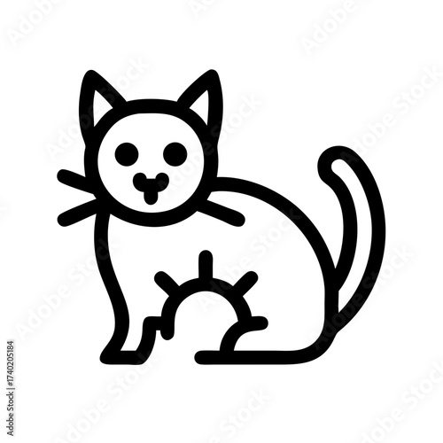 Illustration of a stylized cat with whiskers, pointy ears, and a curled tail in black outline art