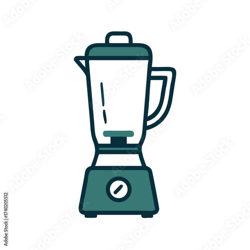 Illustration of a teal and white blender with a handle and a knob on a white background image