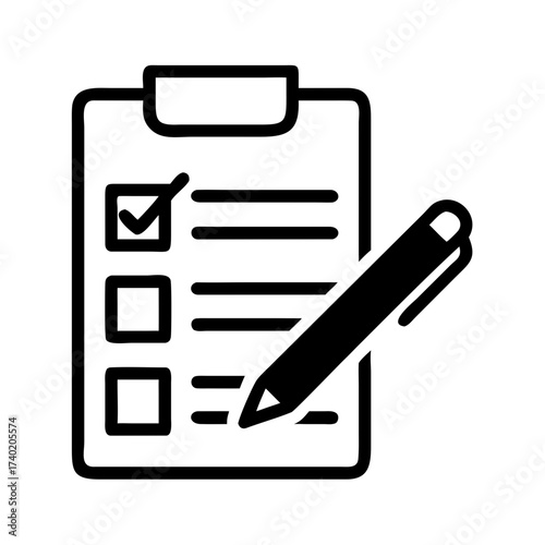 A clipboard with a checklist, where the first item is checked and a pen is placed on the right side