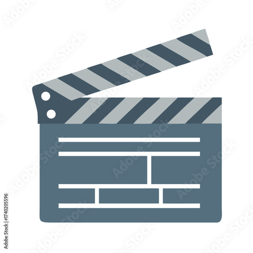 A gray and white striped film slate with a gray body and white lines for scene and take information
