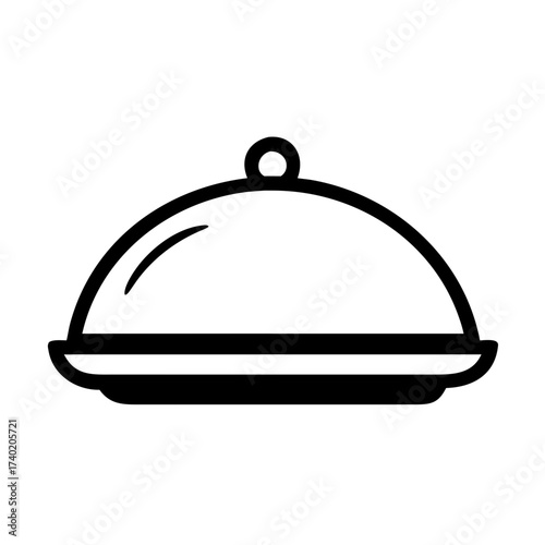 Illustration of a covered serving dish with a rounded lid and a small handle on top in black and white