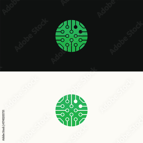 Circular circuit logo design, a symbol of connectivity and technology, featuring a green circle with integrated circuit patterns, conveying seamless integration and innovation