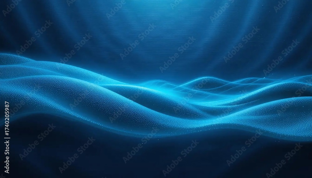 Obraz premium Abstract visualization of undulating blue waves with ethereal light emanating from above, suggesting a deep ocean or cosmic phenomenon.