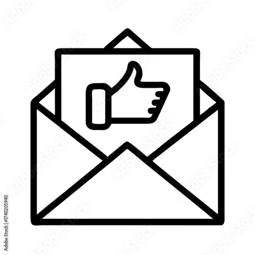 An open envelope containing a card with a thumbs up symbol displayed in a line art illustration
