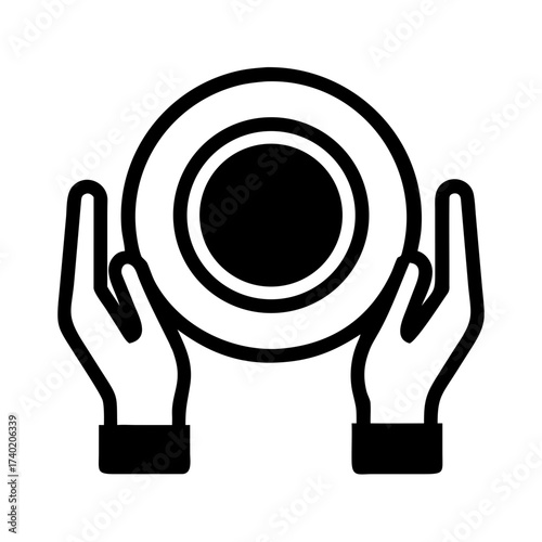 Illustration of two hands holding up a round plate with a circular design in the center in black and white