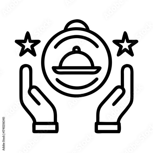 Hands presenting a platter inside a circle with stars on either side in a line drawing style icon