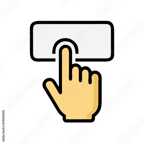 Illustration of a hand pressing a button with a white rectangle and black outline design element on white