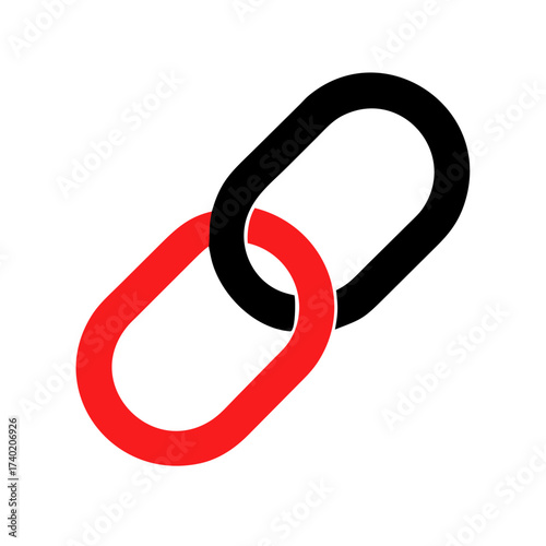 A graphic representation of two oval chain links one red and one black interlocked on a white background