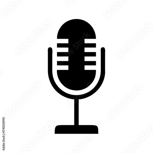 Illustration of a classic black microphone with horizontal lines on a white background studio setup