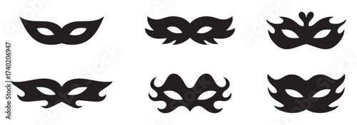 Incognito mask, villain or robber hide face element, black silhouette mystery costume icon. Superhero or carnival bandit burgar, EPS10