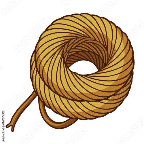 A tightly coiled, isolated length of rustic jute twine or rope, suggesting organic craft, natural texture, or a simple binding element.