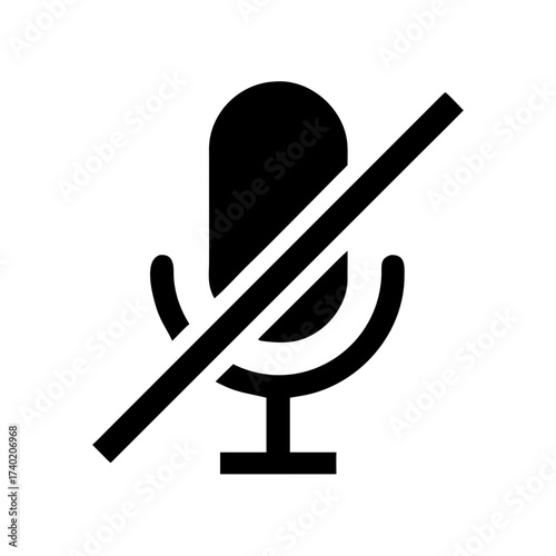 Illustration of a muted microphone icon with a diagonal line across it on a white background plain view