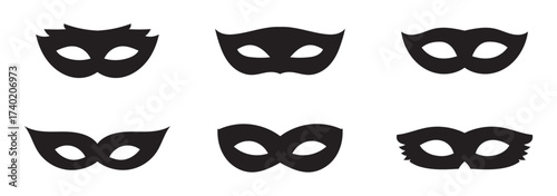 Incognito mask, villain or robber hide face element, black silhouette mystery costume icon. Superhero or carnival bandit burgar, EPS10