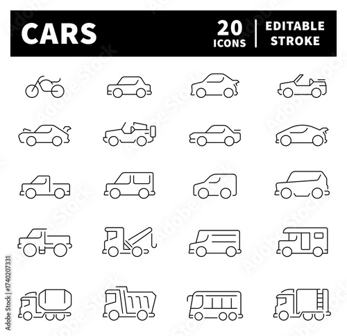 Car body icons in line style. Outline car icons. Car related icons set