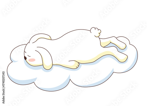 sleeping cute rabbit. The cloud bed. Tired. A child's drawing. A soft toy. Overwork. Vector illustration. Isolated on a white background.
