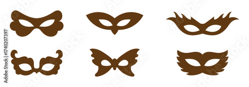 Different Mask silhouette isolated on transparent background Masquerade vector for apps or web party superhero carnival villain or burglar icon in flat. costume eye mask hidden person face