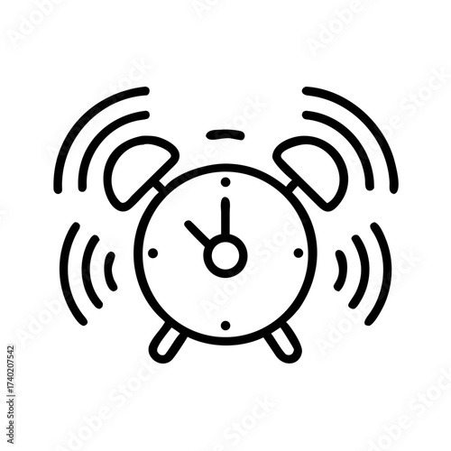 Alarm clock ringing loudly with visible sound waves in a minimalist black and white line drawing style