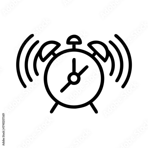 Illustration of a ringing alarm clock with a classic design and bold black outline on a white background