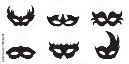 Mask superhero or carnival bandit burglar vector icon set. Black masquerade costume eye mask silhouette hidden villain scammer face. Simple design theater artist masque shape vector illustration. 