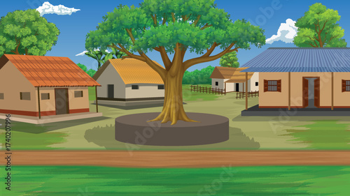 Rural Community Illustration: A charming illustration showcasing a tranquil village setting, where quaint houses and a large, flourishing tree sit peacefully under a clear, blue sky.