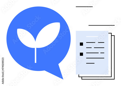 Blue speech bubble with a white leaf symbol beside stacked documents with text and bullet points. Ideal for sustainability, communication, documentation, eco-friendly initiatives, green business