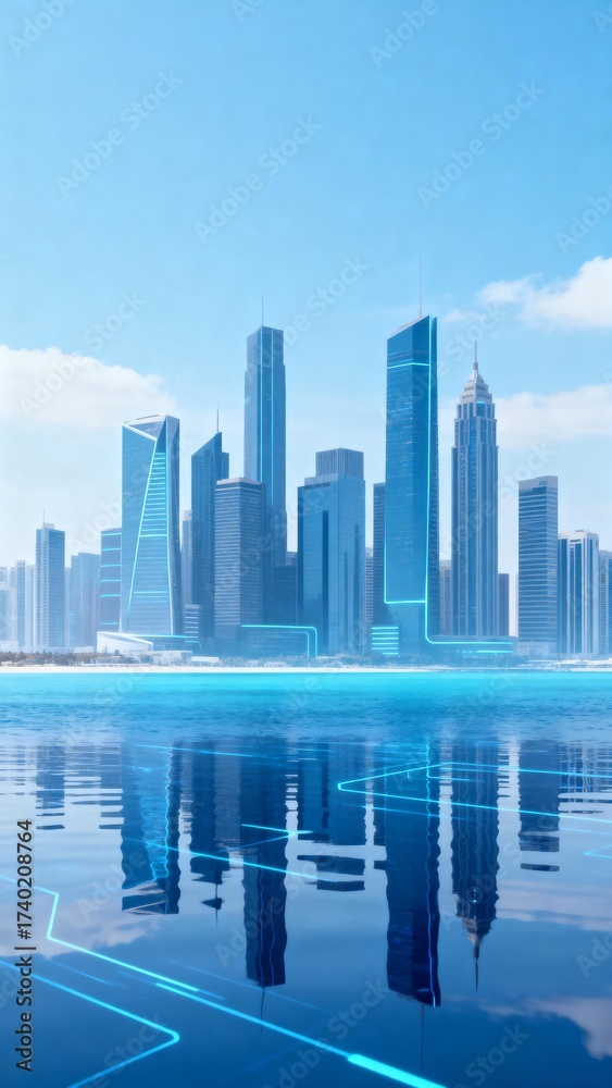 Fototapeta premium Futuristic city skyline with blue lights