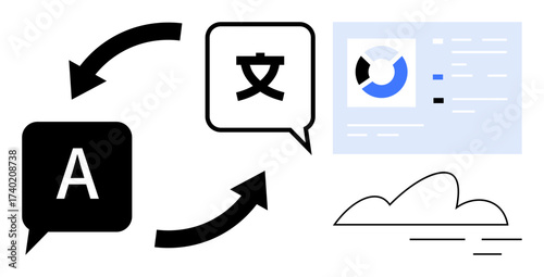 Speech bubbles with letter and character, data chart with analytics, and cloud icon. Ideal for localization, global business, digital solutions, artificial intelligence, cloud computing, language