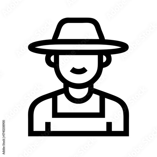 Illustration of a person wearing a hat and overalls in a simple black line drawing style design element