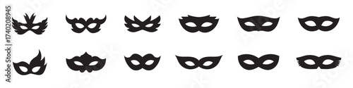 Mask superhero carnival villain or burgar vector icon set. Black masquerade costume eye mask silhouette hidden person face. Simple design incognito party masque shape template illustration.