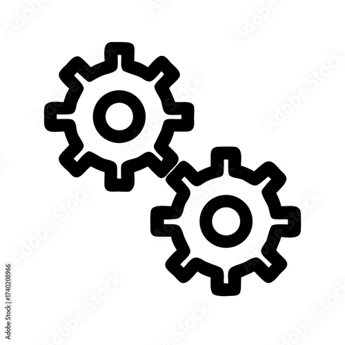 Illustration of two interlocking gears in black outline representing mechanical processes and engineering