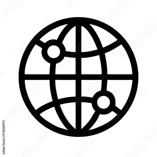 Illustration of a globe with grid lines and two connected circles in a simple black and white style
