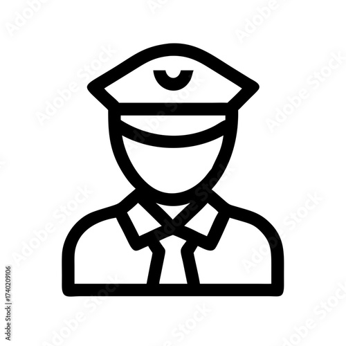 Illustration of a police officer icon with a hat and uniform in a simple black outline style design