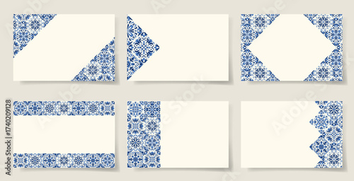 Set of elegant cards with blue azulejo floral borders. Traditional ornamental patterns inspired by Portuguese and Spanish porcelain tiles. Majolica navy blue pottery. Talavera style. Gaudi mosaic.