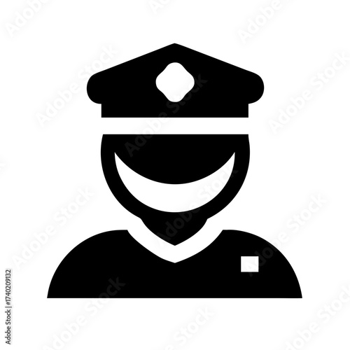 Illustration of a police officer in uniform with a cap and badge in a solid black silhouette design