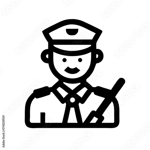 Illustration of a smiling police officer with a hat and tie in black outline on a white background