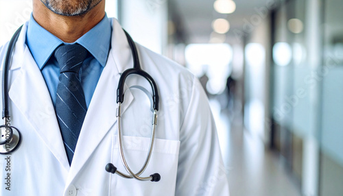 Medical professional with stethoscope in a hospital environment conveying clinical expertise primary care diagnosis and dedicated healthcare leadership guiding patient