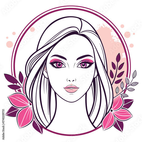 Beautiful woman with long blonde hair and pink makeup in a floral frame, a portrait for beauty and fashion themes