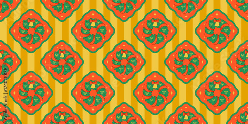 Seamless Christmas retro vintage pattern with holiday wreaths, and ornaments on yellow striped background. Merry Christmas and Happy New Year. For wrapping paper, wallpaper, textile, scrapbooking.
