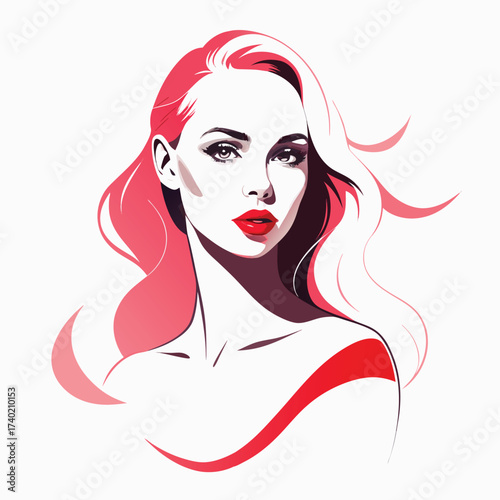 Elegant woman with red lips and flowing hair isolated on white background, a stylish portrait of beauty and grace in a minimalist style