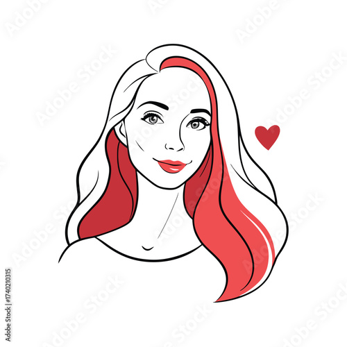 Charming woman with red lips and flowing hair isolated on white background, a delightful portrait of beauty and simplicity in a minimalist style
