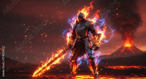 Warrior of Fire and Lava with Flaming Sword in Volcanic Landscape.